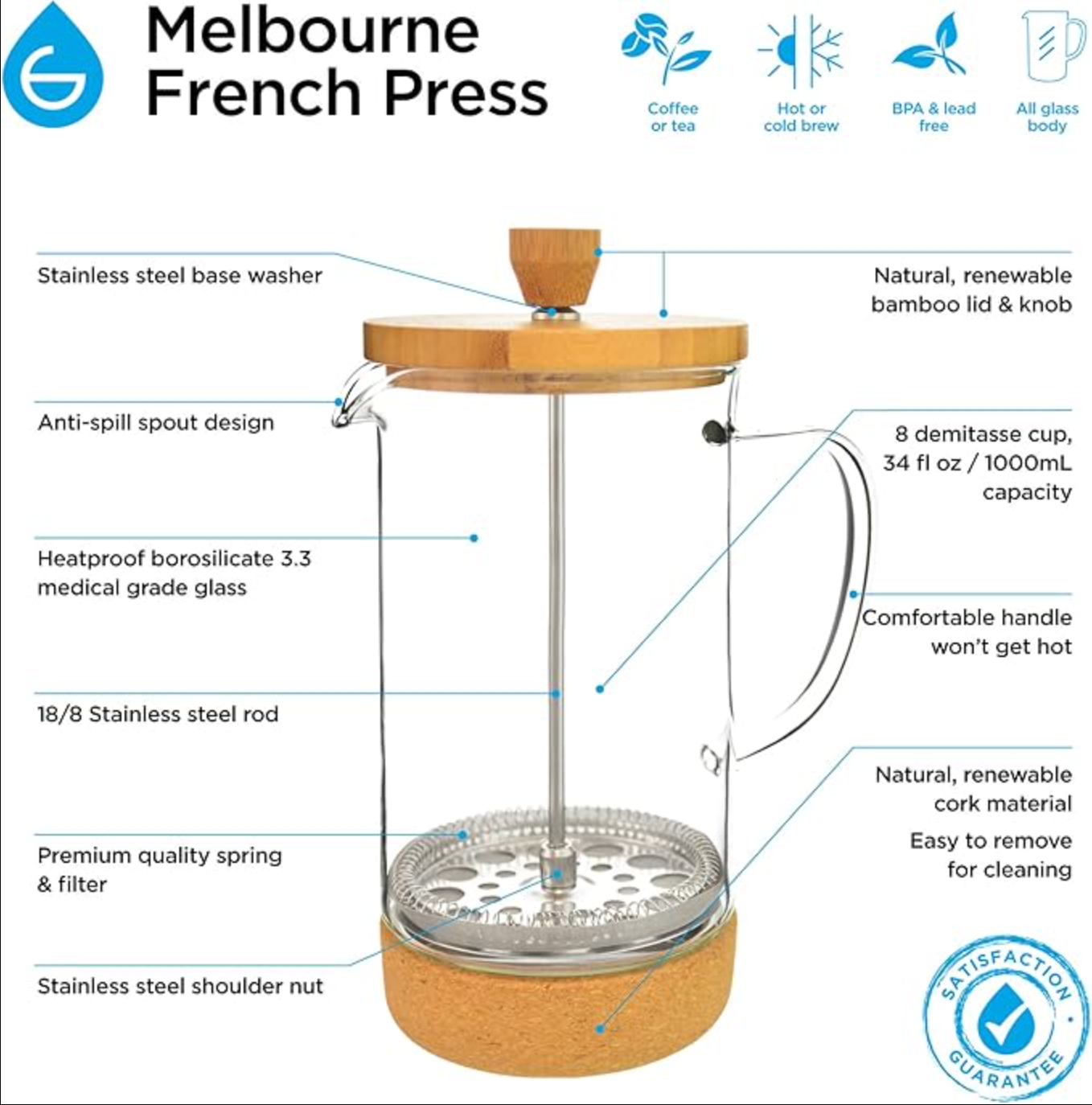 Melbourne French Press Coffee Maker with Bamboo lid and Cork base, 1000 ml