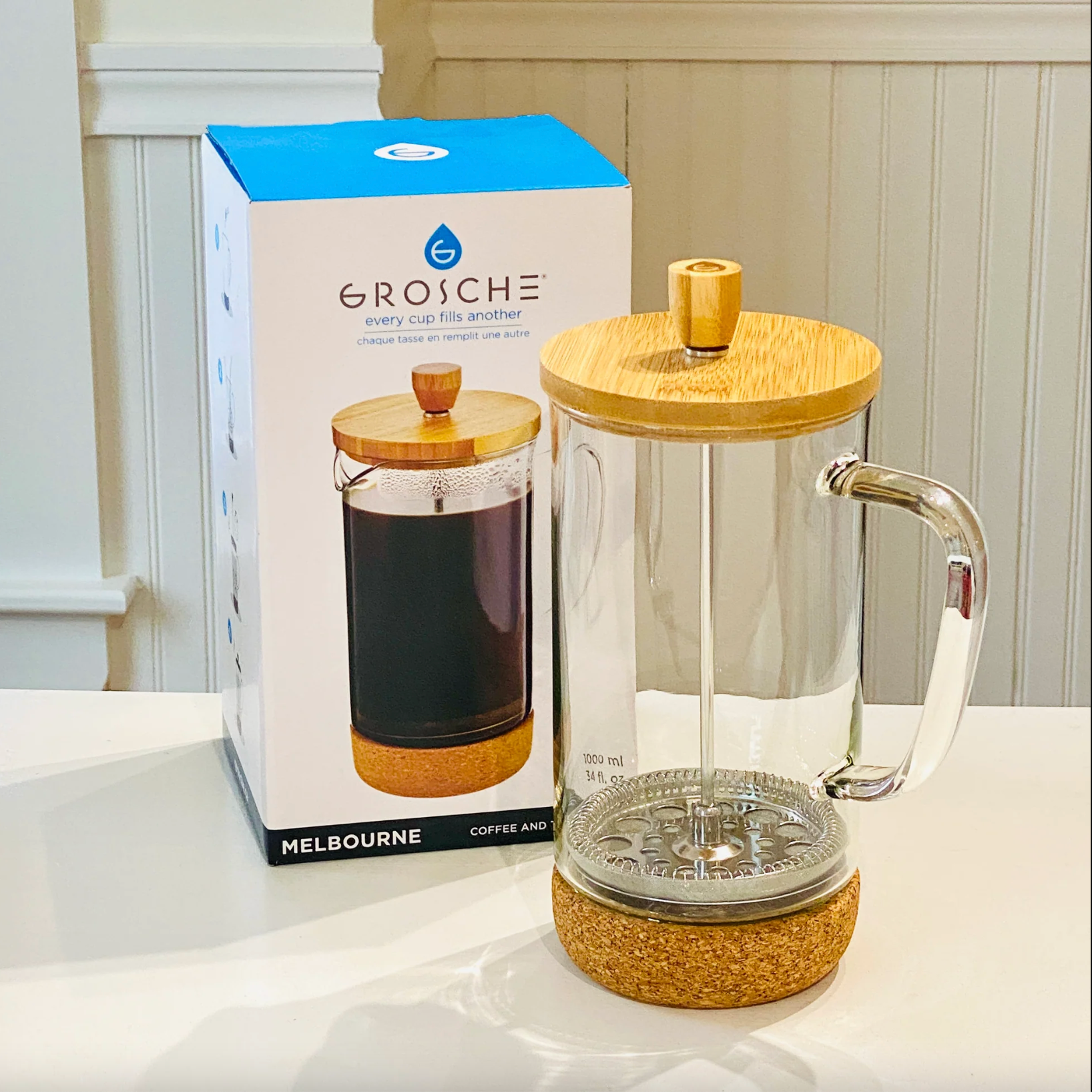 Melbourne French Press Coffee Maker with Bamboo lid and Cork base, 1000 ml